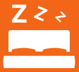 White bed with 'ZzZ' on orange background.