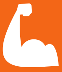 White muscular arm icon on orange background.