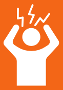 Silhouette of a person with raised arms, lightning bolts overhead, on orange background.