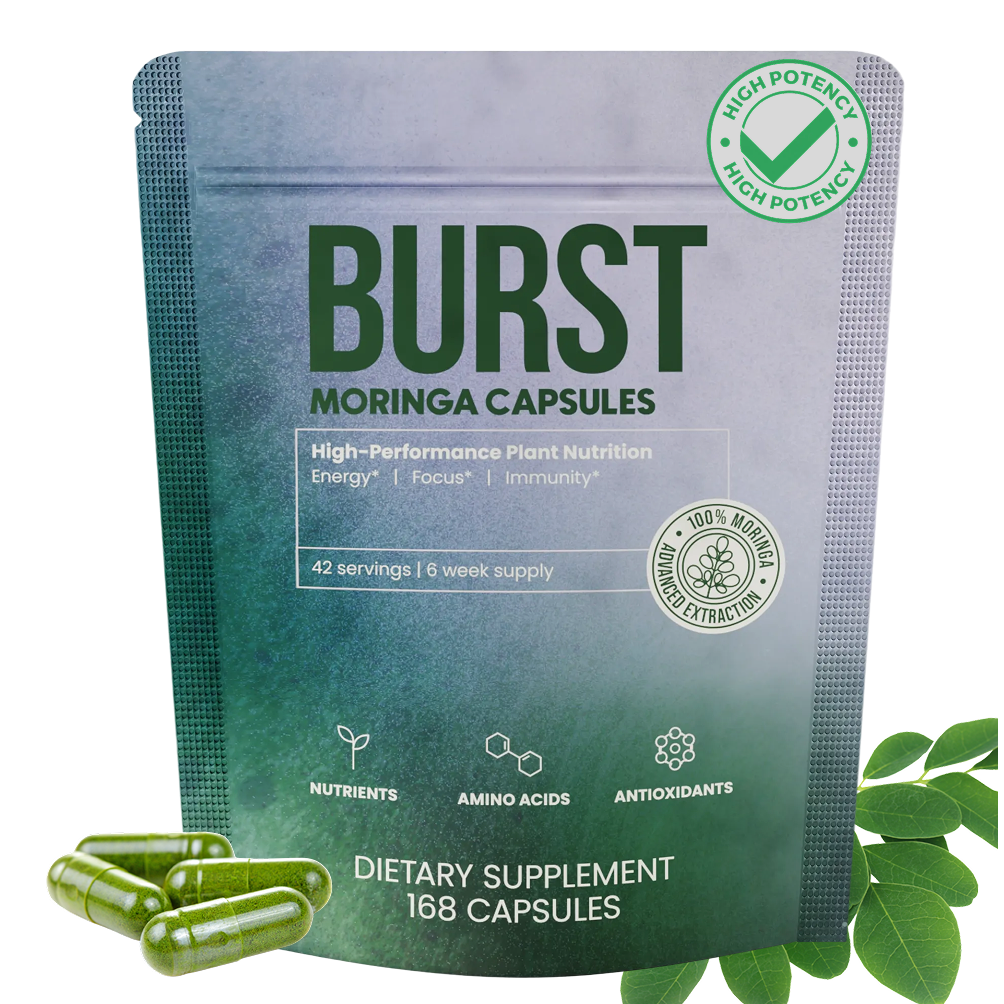 Package of Burst Moringa Capsules with leaves and capsules displayed.