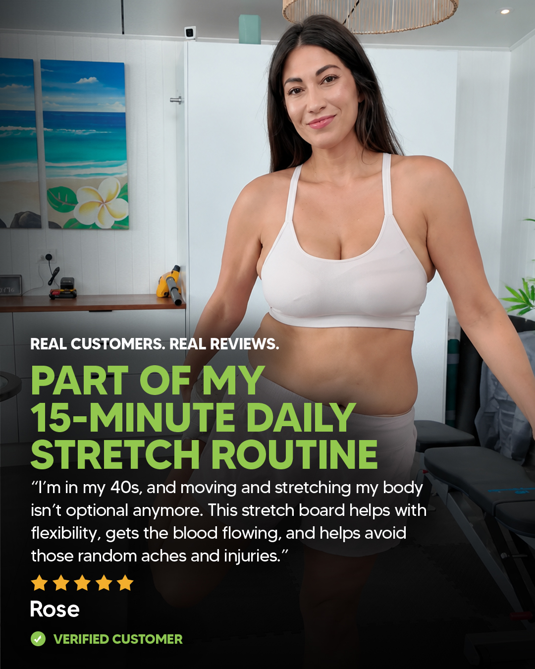 A woman in a white sports bra smiles, with a customer review for a daily stretch routine overlaid.