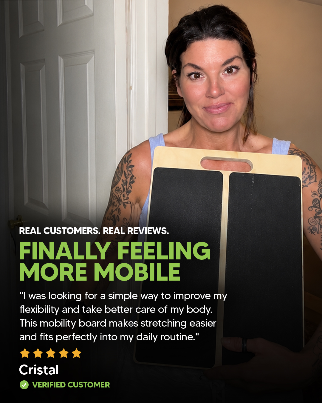 A woman holding a mobility board, with her customer review text overlayed on the image.