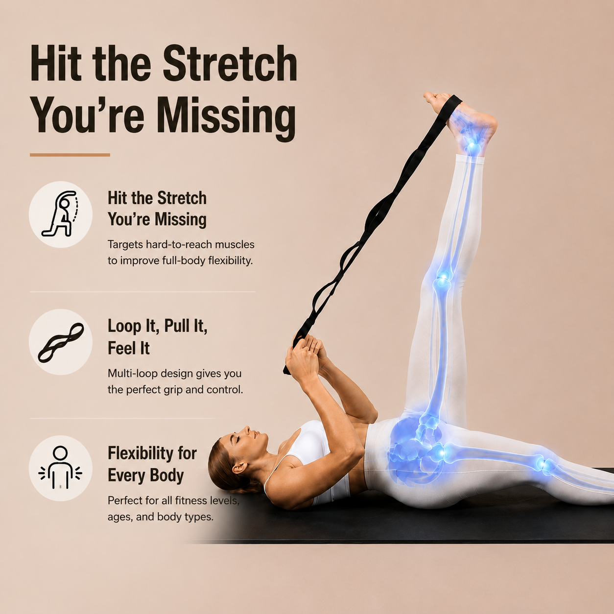 A woman in white workout gear stretches her leg with a black strap, with a skeletal overlay graphic.