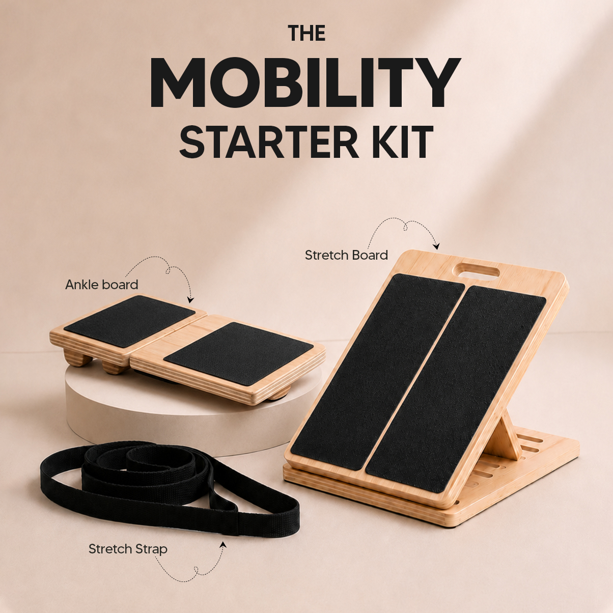 A mobility starter kit with a wooden ankle board, an adjustable stretch board, and a black stretch strap.
