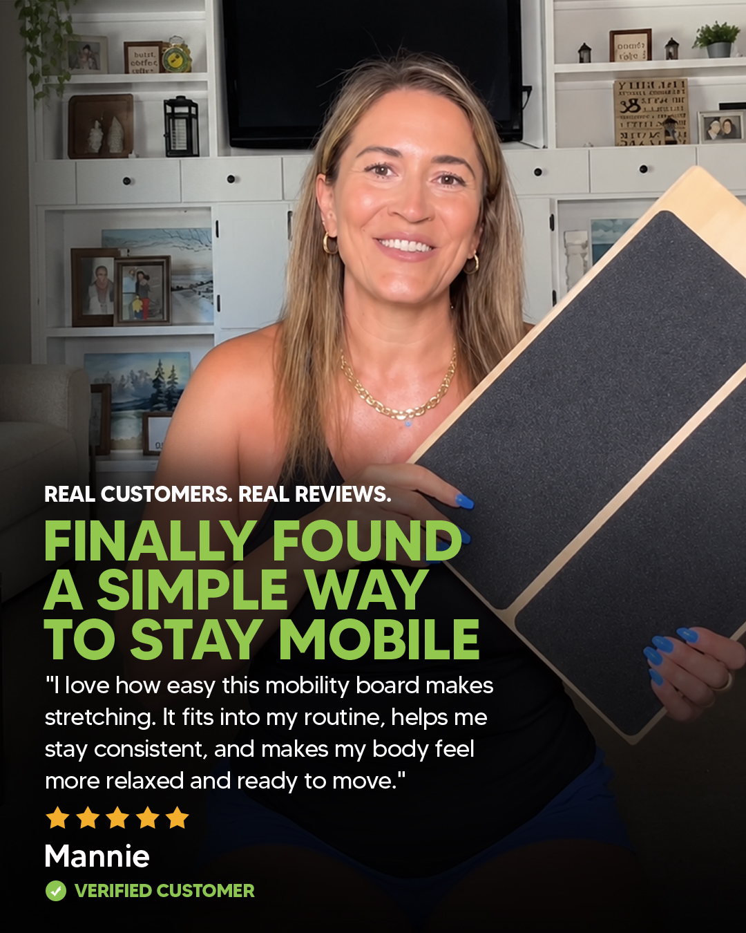 A customer review image showing a smiling woman named Mannie holding a wooden mobility board.