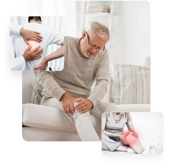 Senior man holding his knee in pain, flanked by back and knee pain insets