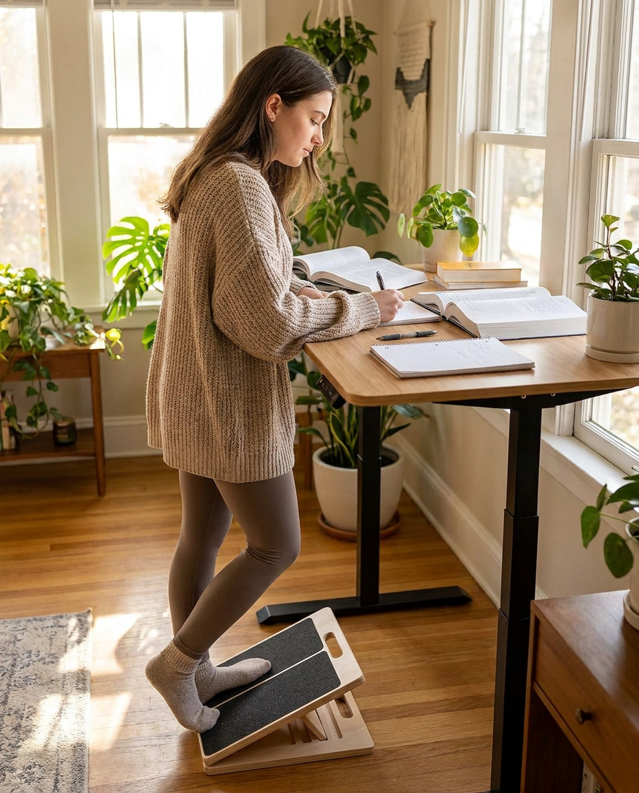A woman writes at a standing desk while resting her feet on an angled wooden footrest.
