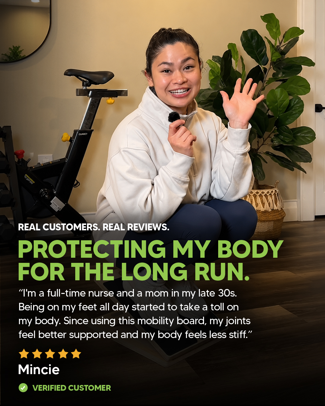A woman smiles and waves in front of an exercise bike, with her customer review text overlaid.
