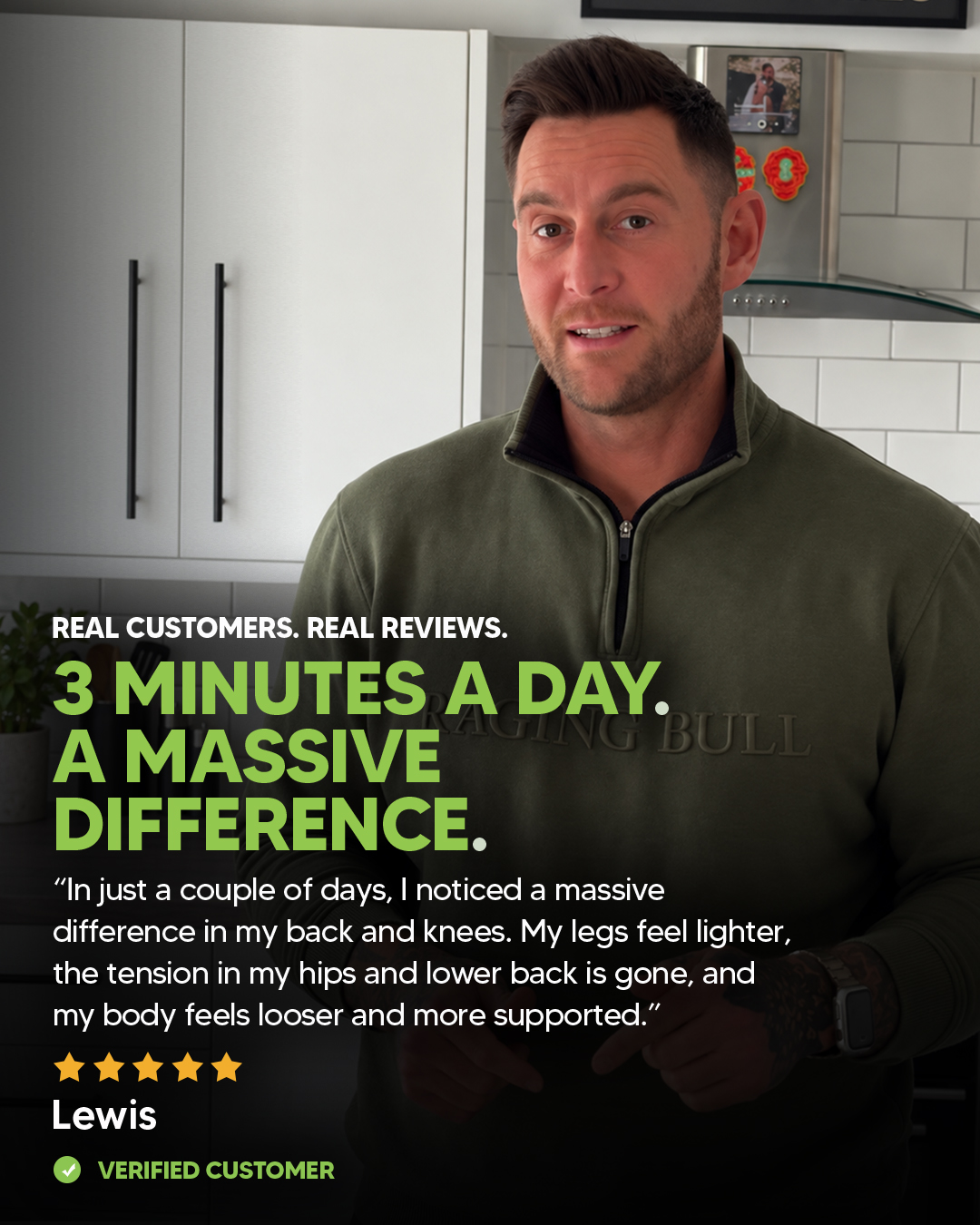 A customer testimonial graphic featuring a man in a green sweater standing in a kitchen.