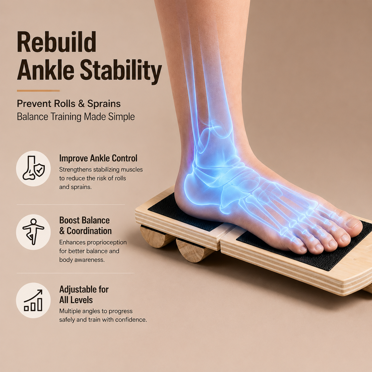 A person's foot on a wooden ankle balance board, with an X-ray style graphic of the bones.