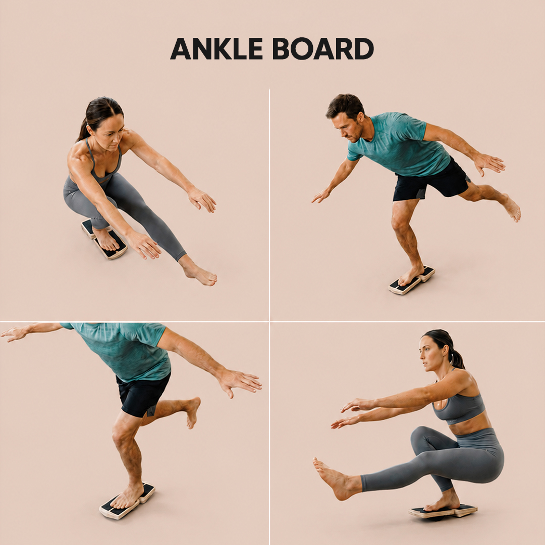 A man and a woman demonstrating various balancing exercises on a wooden ankle board in a four-panel image.