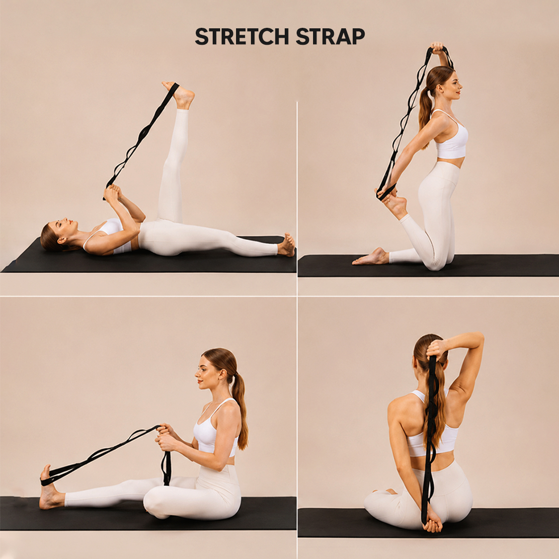 A woman demonstrates four different stretches using a black stretch strap on a yoga mat.