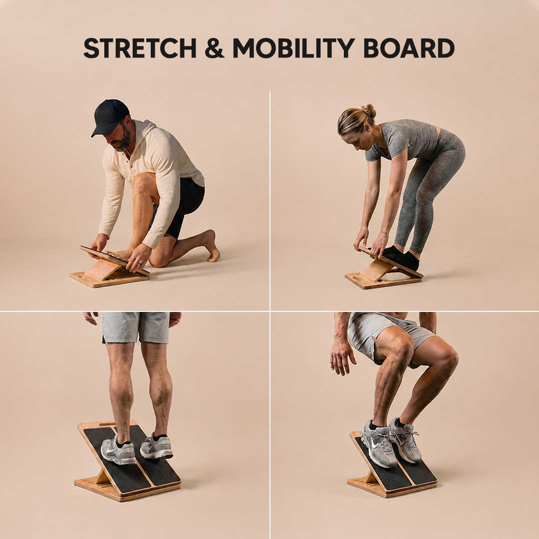 A collage of four photos showing people using a wooden 'Stretch & Mobility Board' for different exercises.