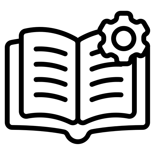 A black and white line icon of an open book with a gear on the top right corner.