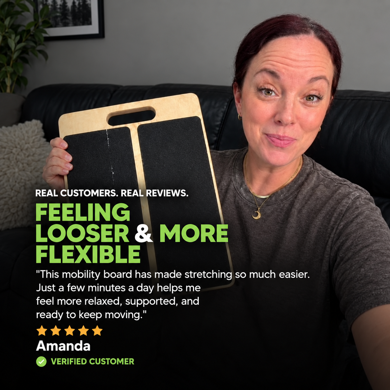 A woman holds up a wooden mobility board, with her positive review and five-star rating displayed.