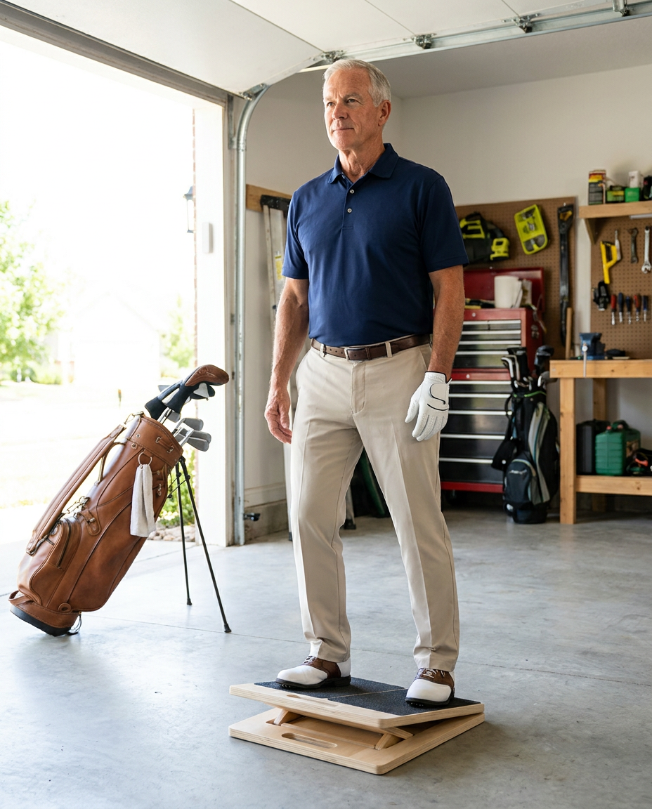 A man in golf attire stands on a wooden balance board in a garage next to a golf bag.