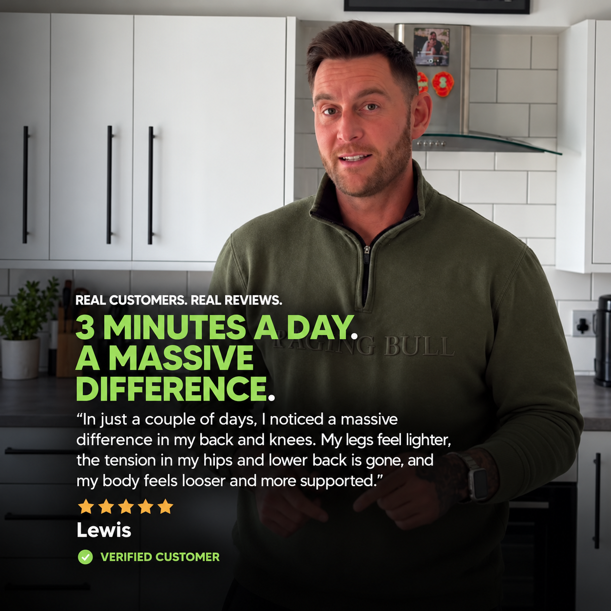 A man in a green pullover stands in a kitchen with his positive customer review displayed.
