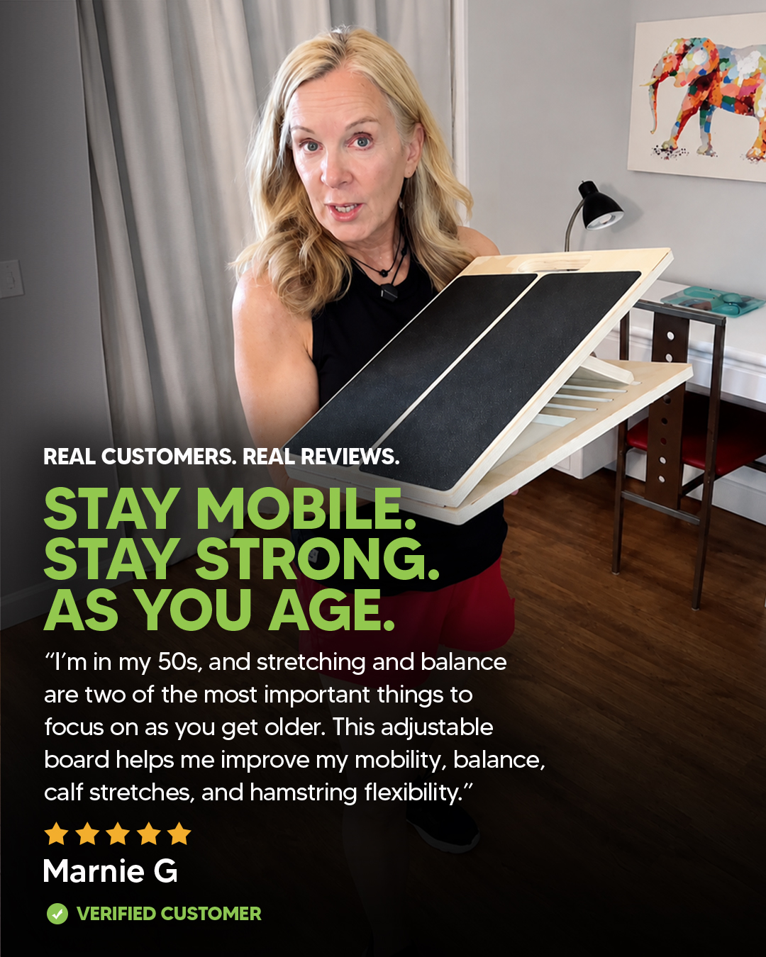 A woman holds an adjustable wooden slant board, with an overlay of her customer testimonial text.