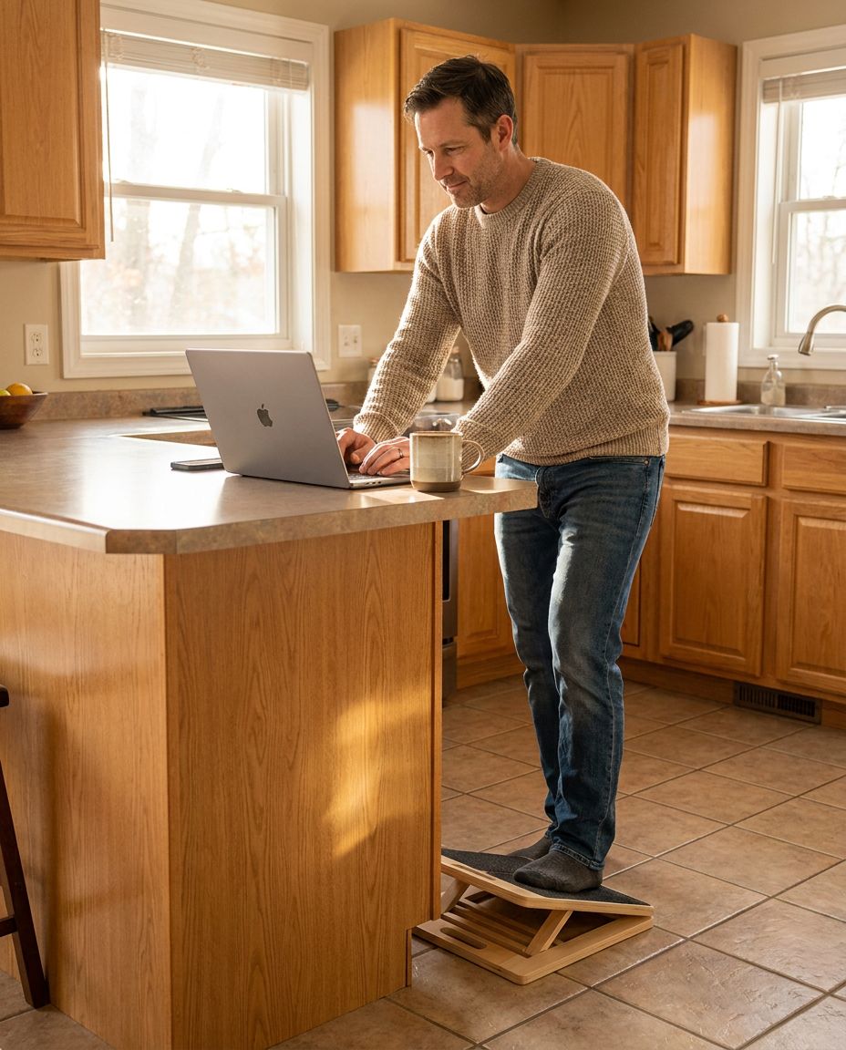 A man stands at a kitchen counter using a laptop, with his feet on an angled wooden footrest.