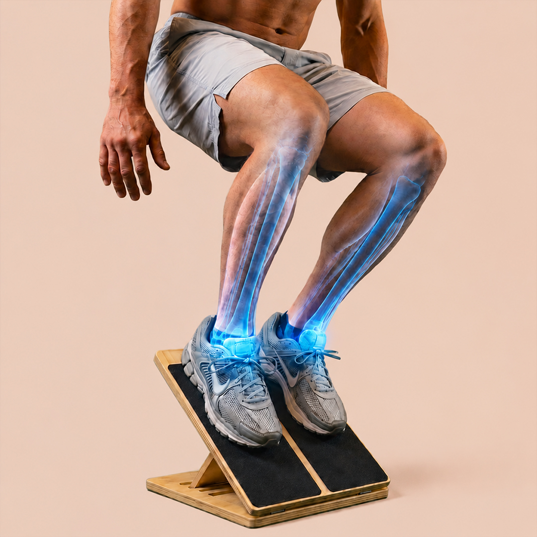 A man on a wooden slant board with a glowing blue graphic showing his shin bones.