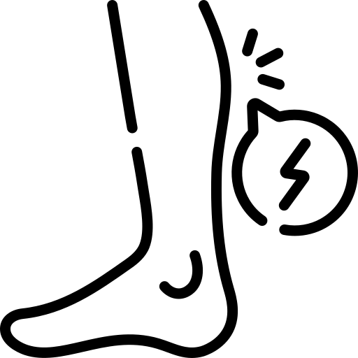 A black line icon of a leg with a lightning bolt over the calf, representing sharp pain.