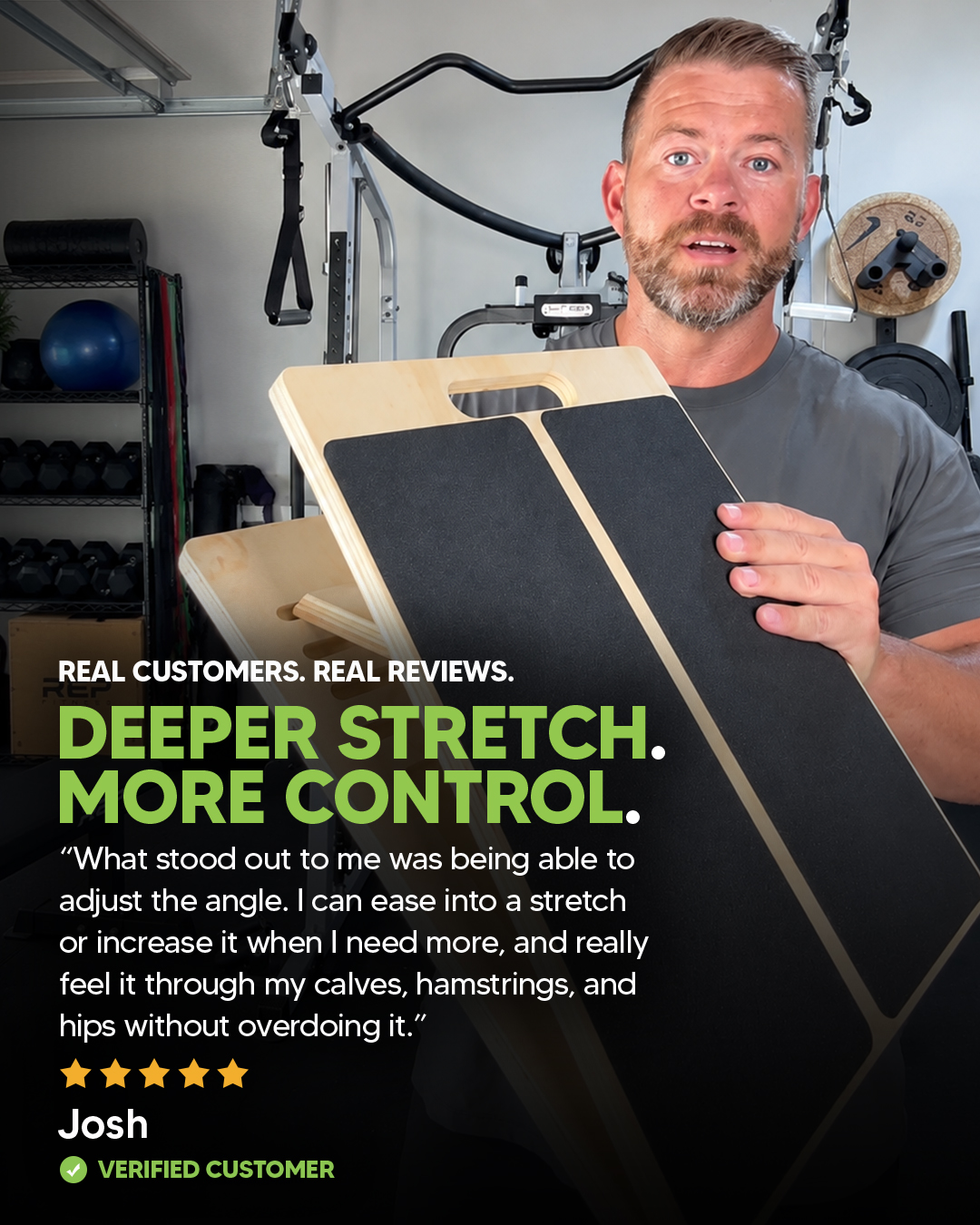 A man in a home gym holds a wooden slant board, with a customer review text overlay.