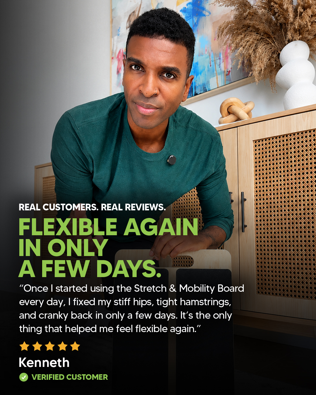 A customer testimonial from a man named Kenneth for a Stretch & Mobility Board.