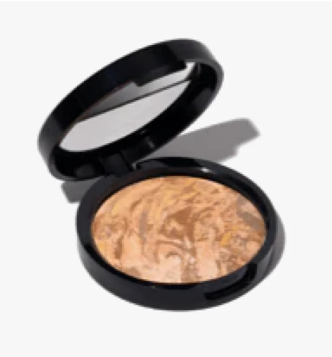 Compact with marbled bronzer makeup in an open black case.