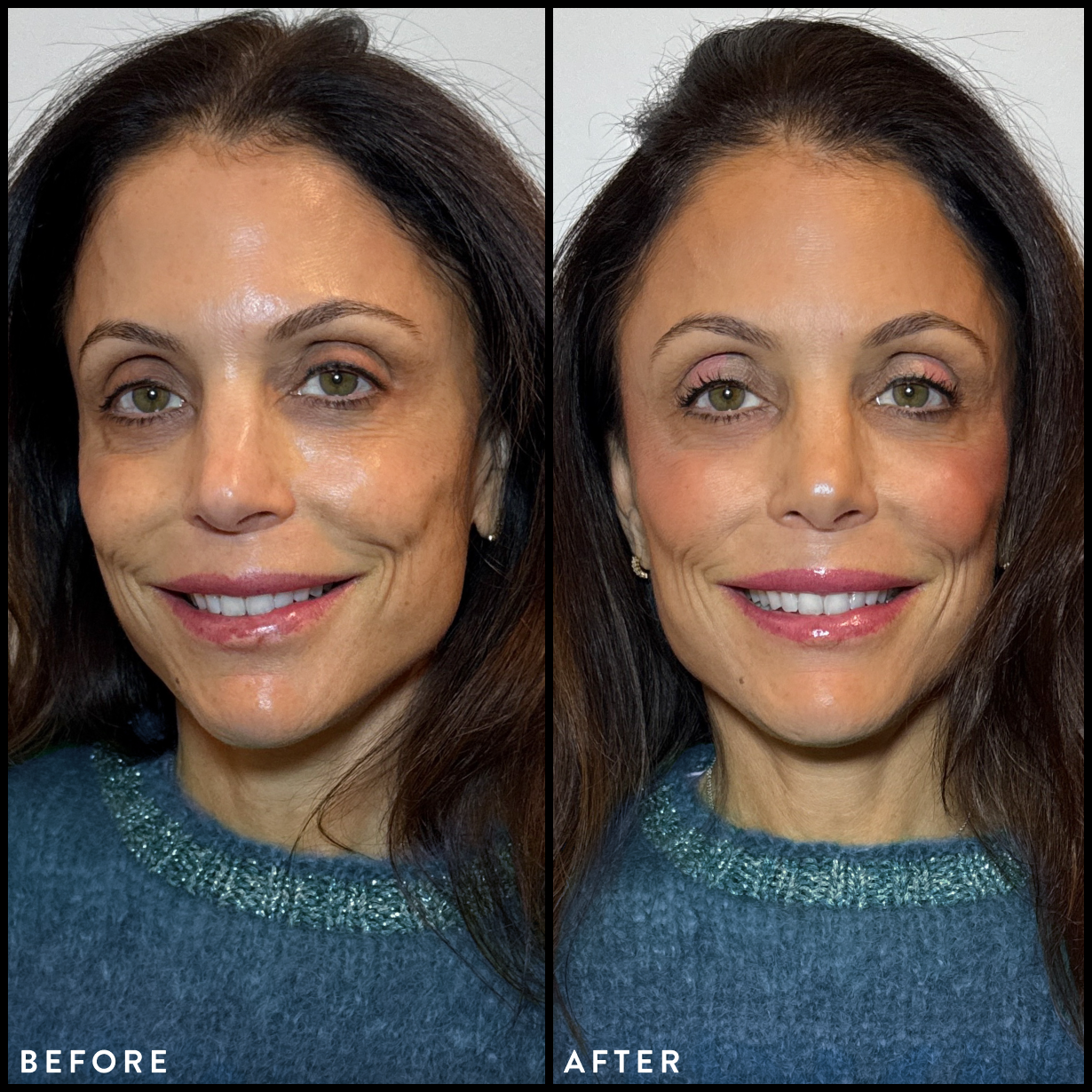 Side-by-side before and after image of a woman with enhanced makeup.