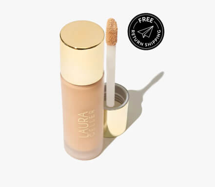 Bottle of concealer with doe-foot applicator and 'Free Return Shipping' label.