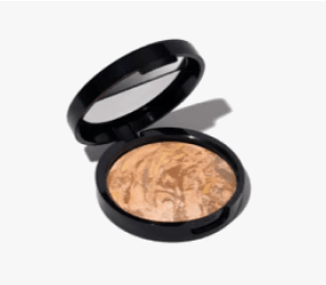 Open black compact case with marble-patterned powder inside.
