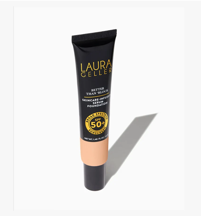 Tube of Laura Geller skincare-infused serum foundation with SPF 50+.