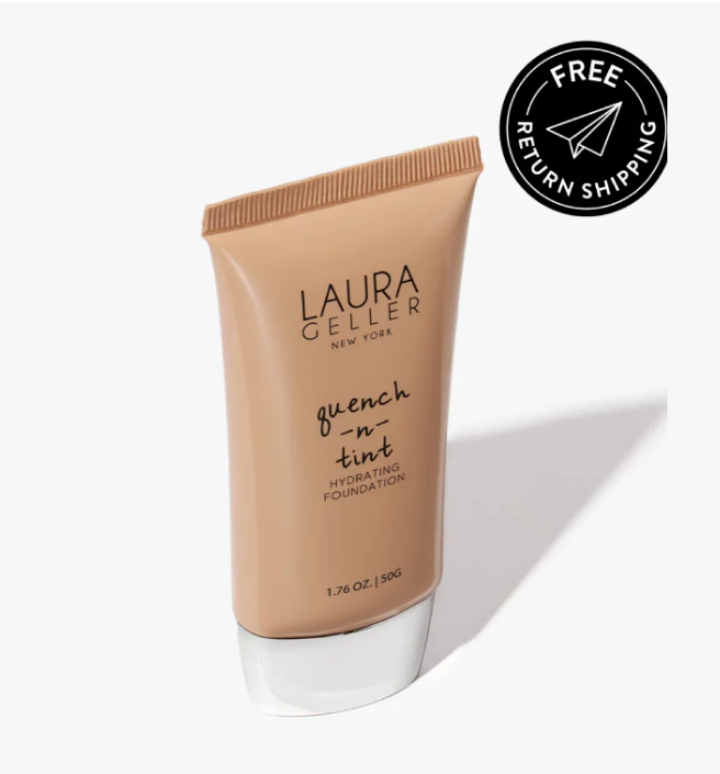 Laura Geller Quench-n-Tint Hydrating Foundation tube with free return shipping badge.