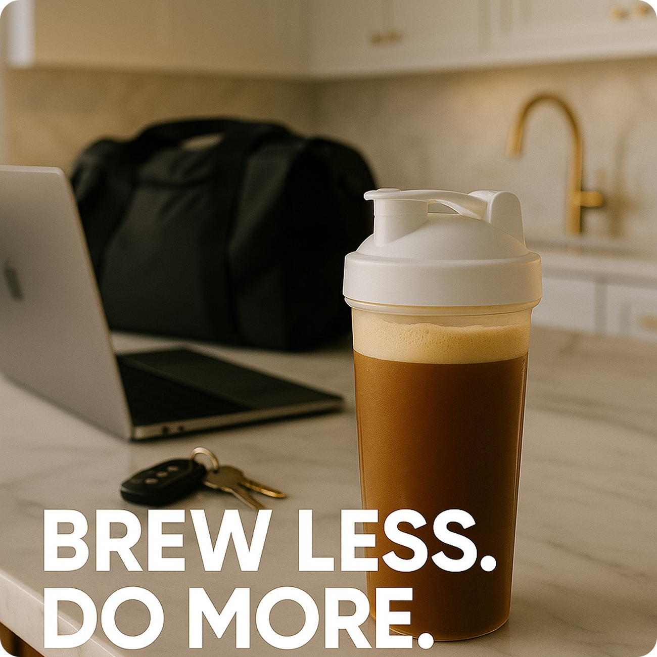 Shaker bottle with coffee, laptop, keys, and bag on a kitchen counter.