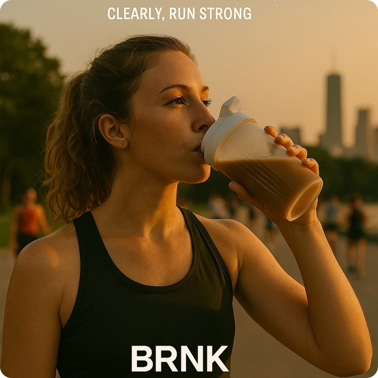 Woman drinking from a shaker bottle outdoors at sunset.
