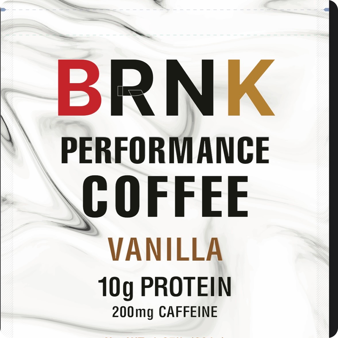 BRNK Performance Coffee packaging with vanilla flavor, 10g protein, 200mg caffeine.