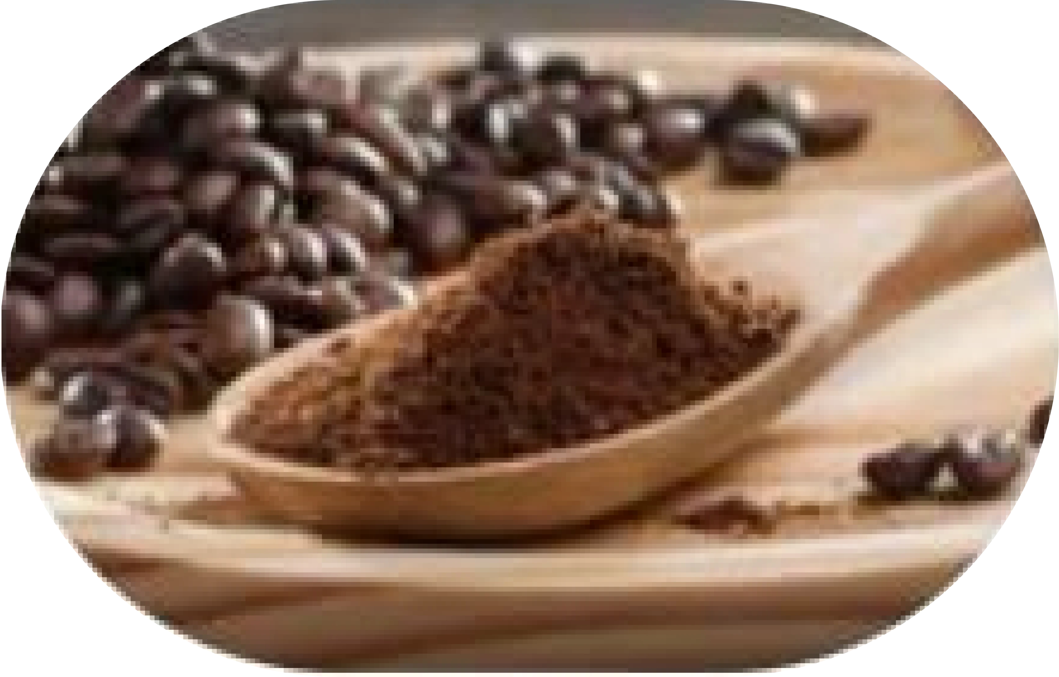 Coffee beans with ground coffee on a wooden spoon.
