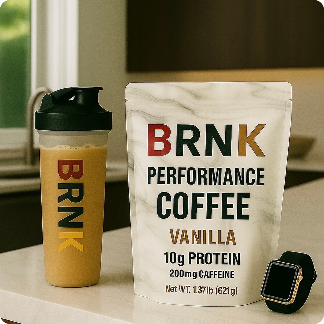 BRNK performance coffee package, shaker bottle, and smartwatch on a kitchen counter.