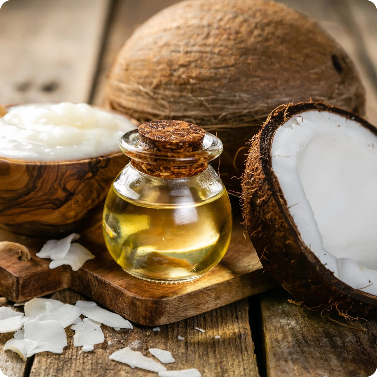Coconut oil in a glass jar with coconuts and coconut cream on a wooden surface.