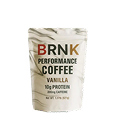 Pouch of BRNK Performance Coffee, vanilla flavor, with 10g protein and 200mg caffeine.