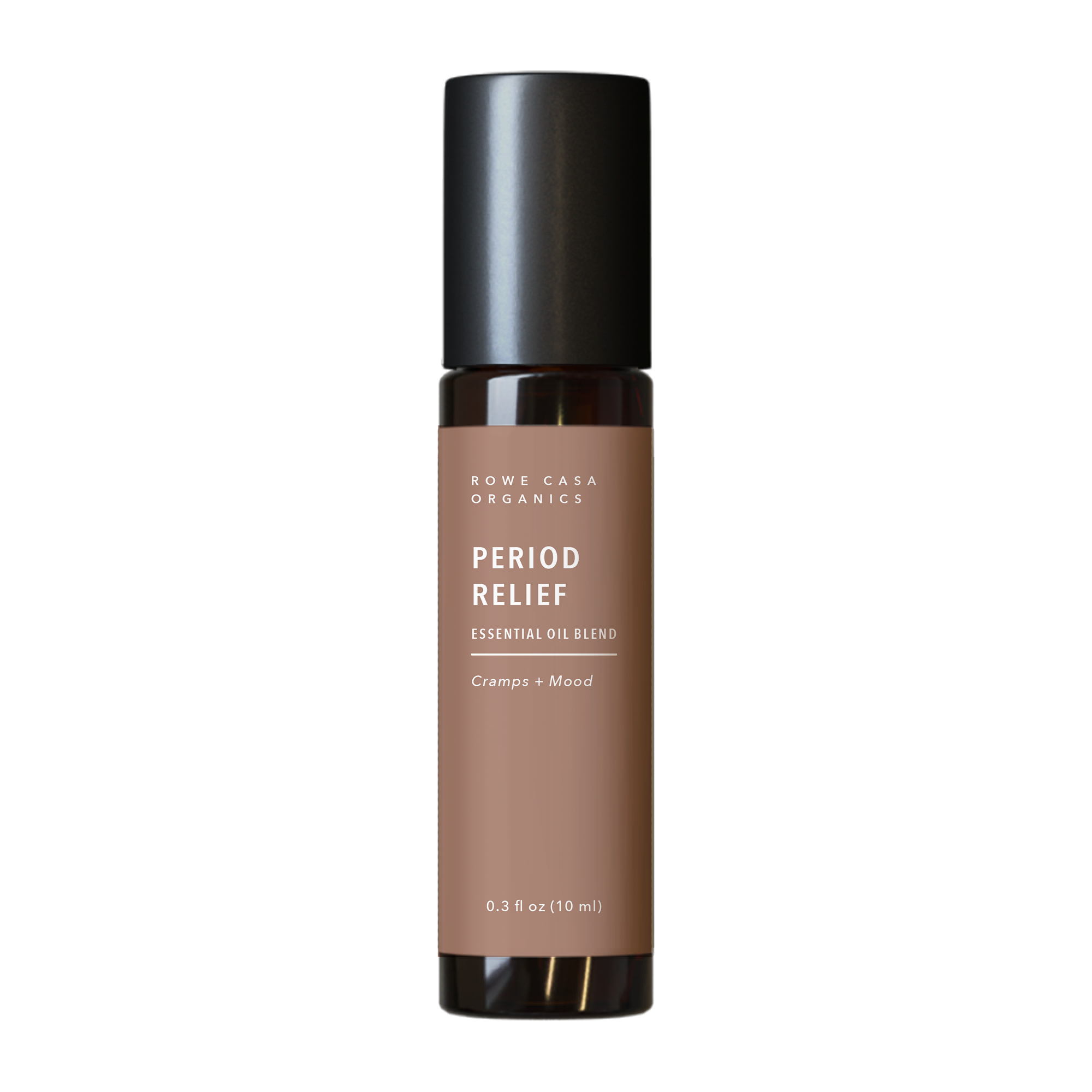 Brown essential oil bottle labeled 'Period Relief' with black cap.