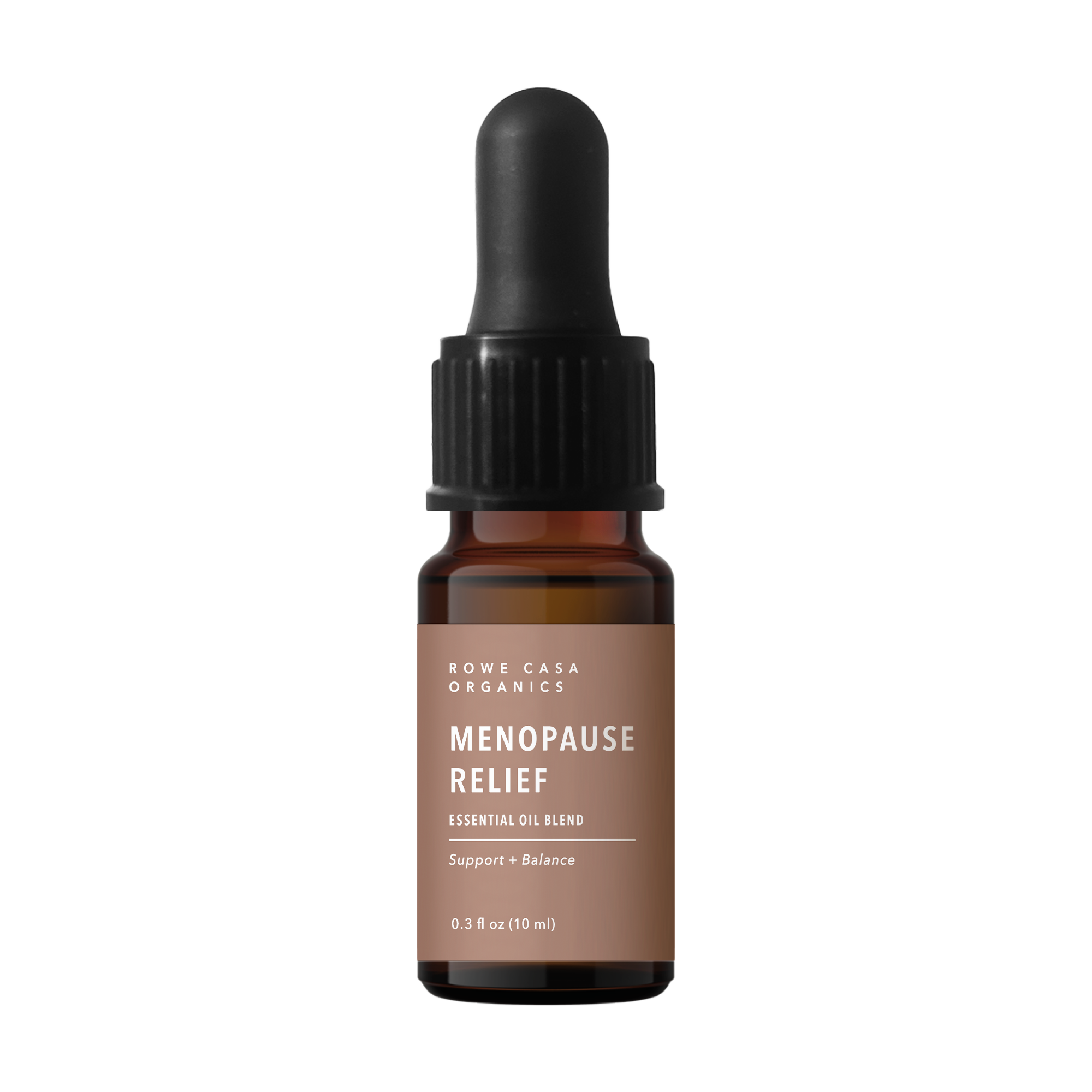 Brown dropper bottle labeled 'Menopause Relief' essential oil blend.