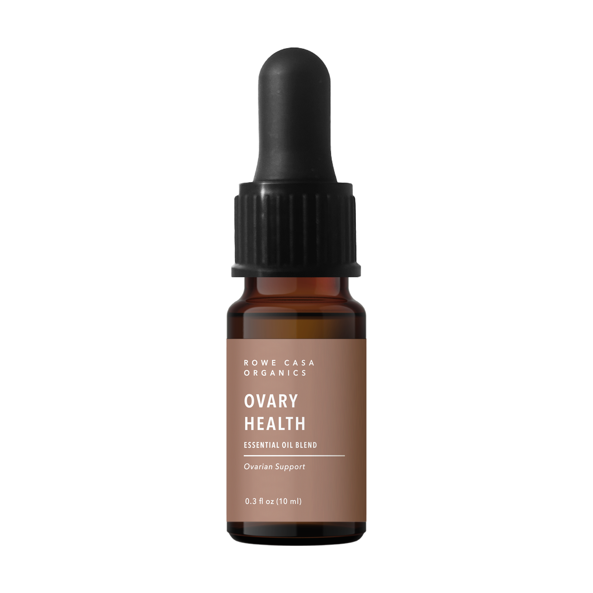 A brown essential oil bottle labeled 'Ovary Health' with a black dropper cap.