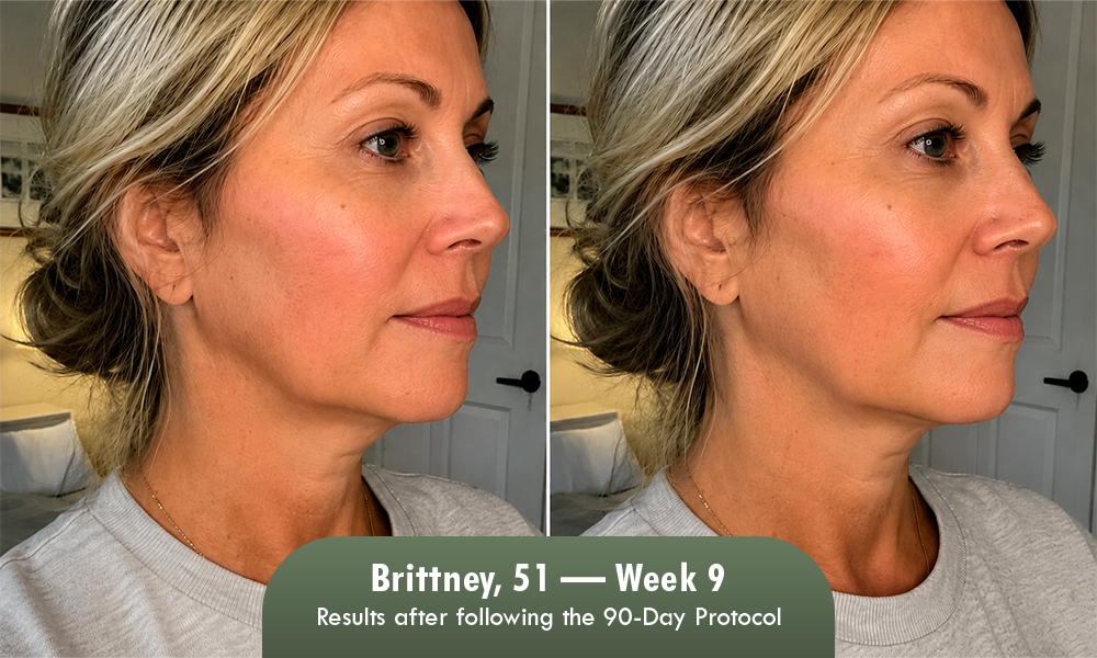 A side-by-side comparison of a woman's face, showing a more defined jawline and neck in the second photo.