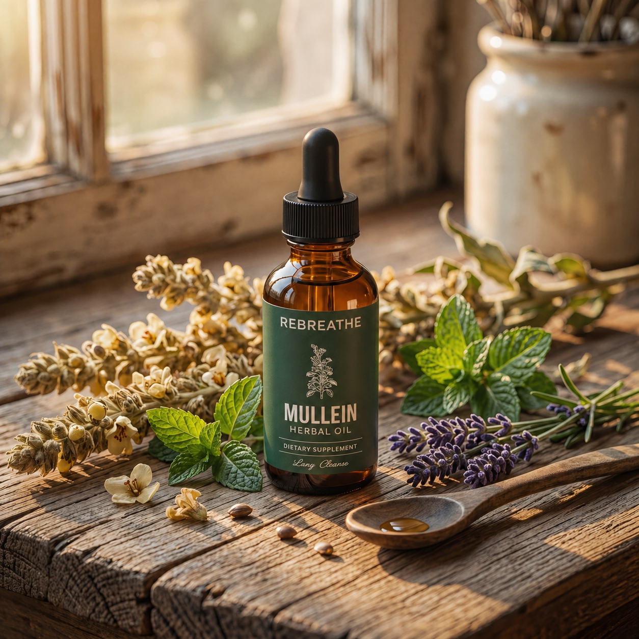 A bottle of Mullein herbal oil on a rustic wooden surface with fresh herbs like mint and lavender.