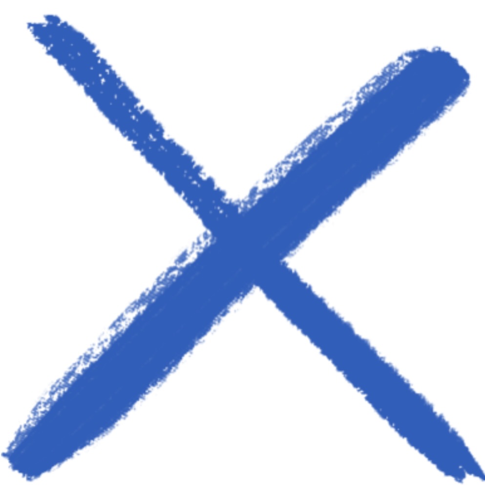 A hand-drawn blue X on a white background, resembling a crayon or chalk mark.