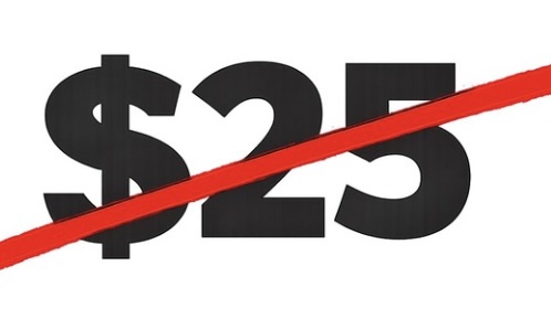A graphic showing the price $25 crossed out with a thick red diagonal line.