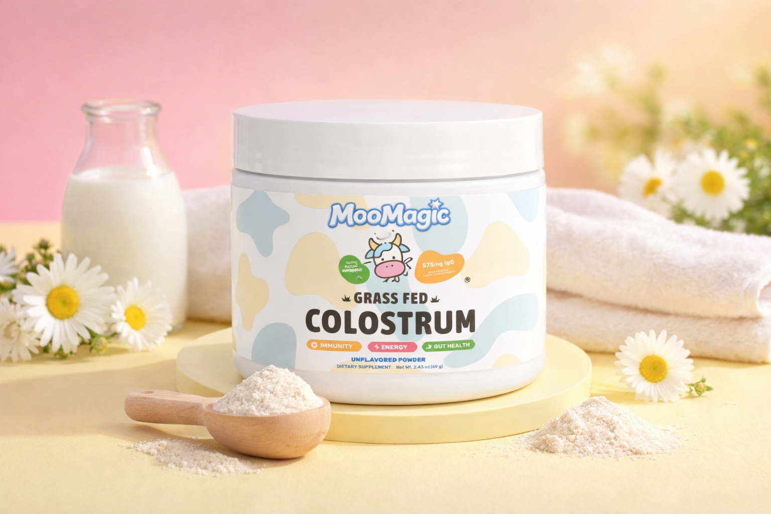 A tub of MooMagic Grass Fed Colostrum powder with a scoop of powder, milk, and chamomile flowers.