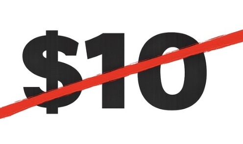 The text '$10' in black, crossed out with a thick, diagonal red line.