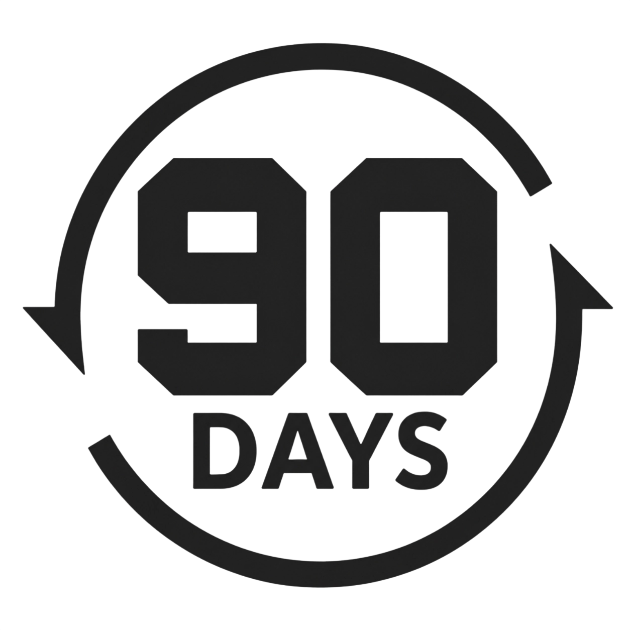 A black graphic icon showing the text '90 DAYS' inside of a circular arrow.